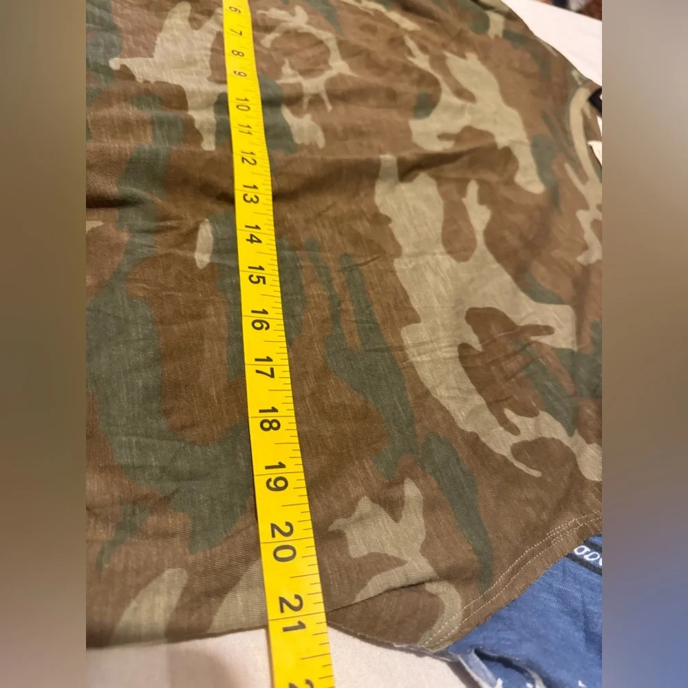 Free People Camo Tee with Blue Bandana Sleeve Accents